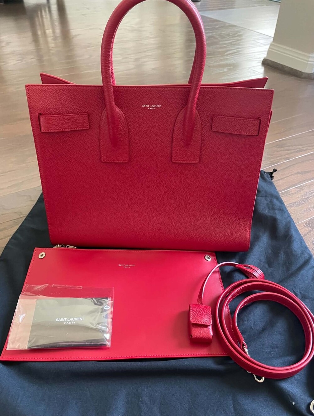 Saint Laurent Bright Red Leather Tote with Pouch and Strap Sac De Jour small